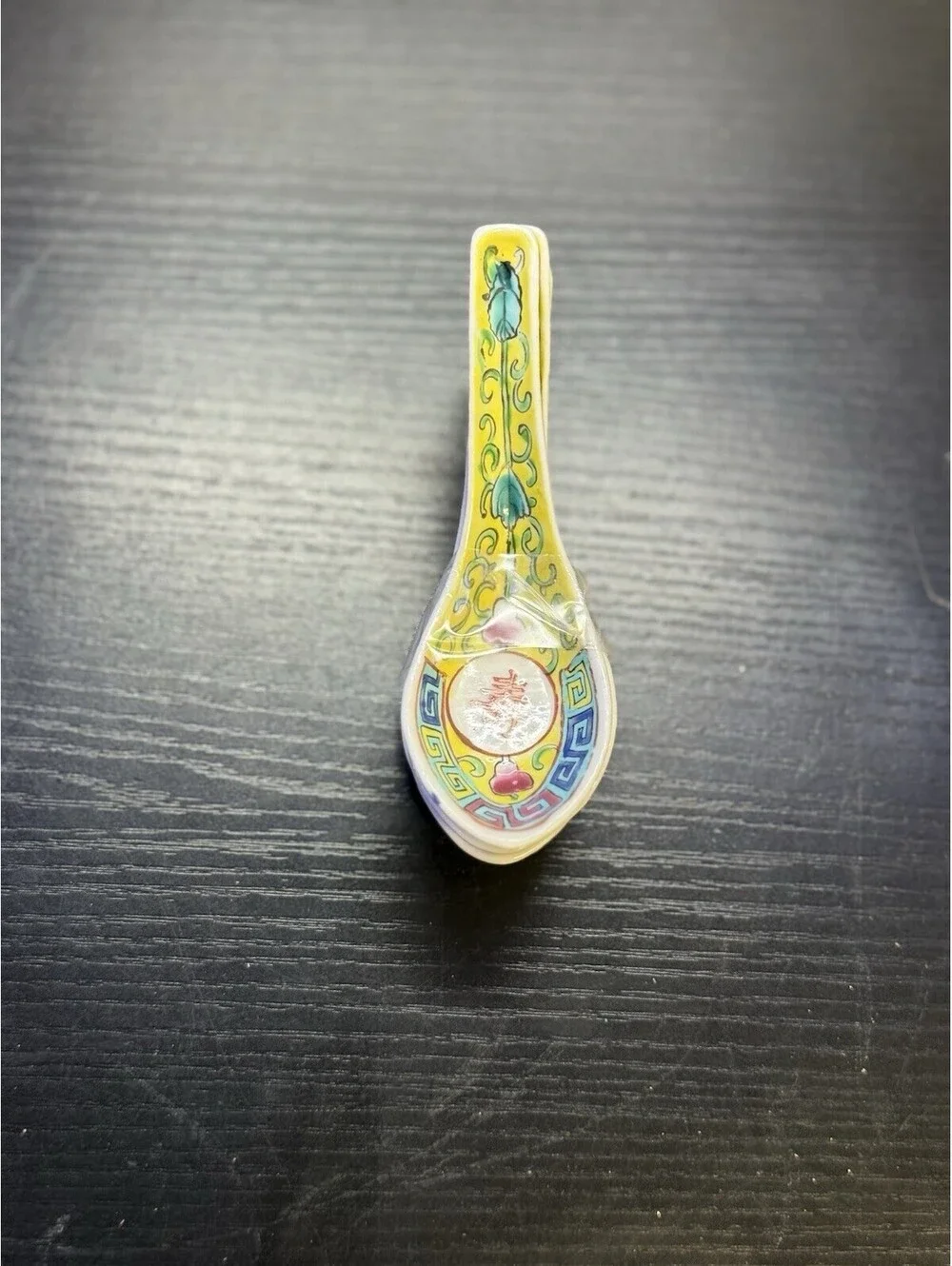 Vintage Chinese Porcelain Soup Spoons Set of 8 Yellow Famille Rose 5” Asian